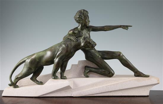 Max Le Verrier. A French Art Deco bronze modelled as a young male with attendant panther, 25in.